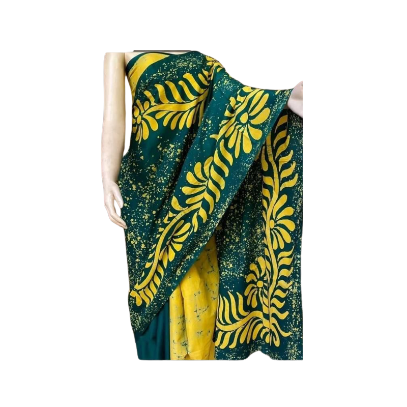 Dark Green & Yellow Colour Bathik Saree - SOL015