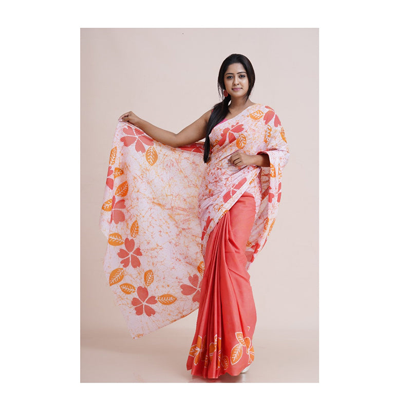 Peach Colour & White Mix Batik Saree