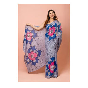 Pink & Sky Blue Colour Batik Saree