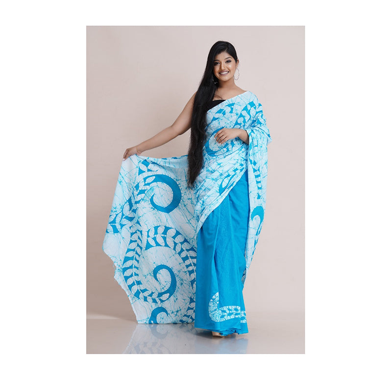 White & Light Blue Colour Handmade Batik Saree