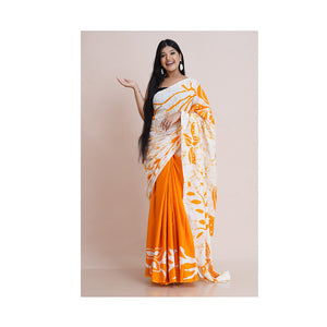 White & Orange Colour Handmade Batik Saree - SOL008
