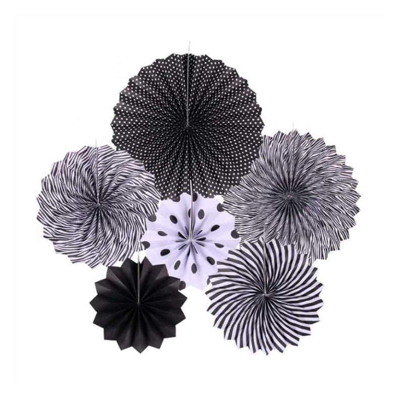 6Pcs Paper Fan Flowers Set - Black
