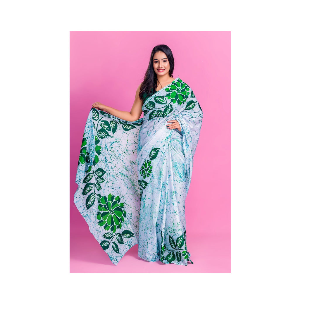Dark Green & White Colour Batik Saree